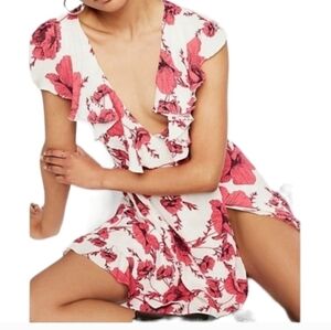 Free People Women's Pink and Ivory French Quarter Wrap Mini Dress Medium